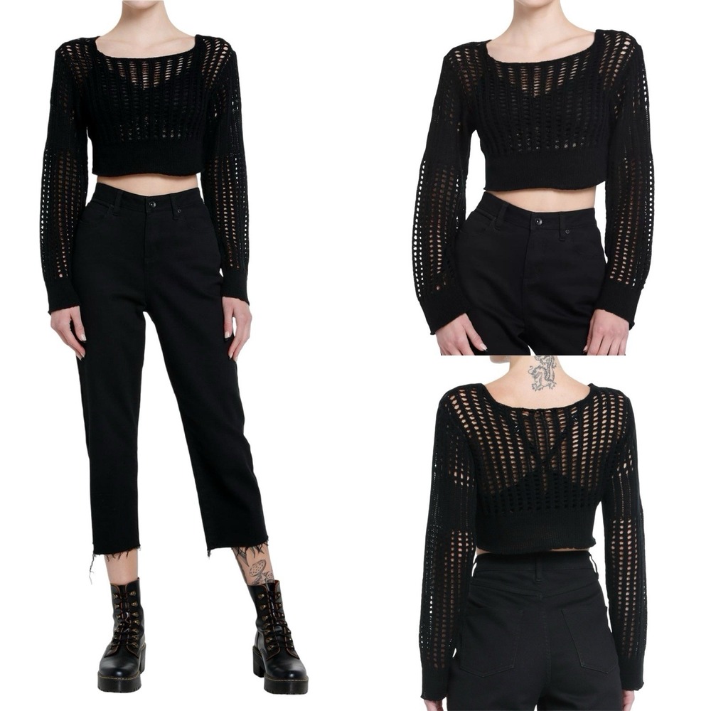 Hot‎ Topic Juniors Black Open Knit Crop Top Size Large